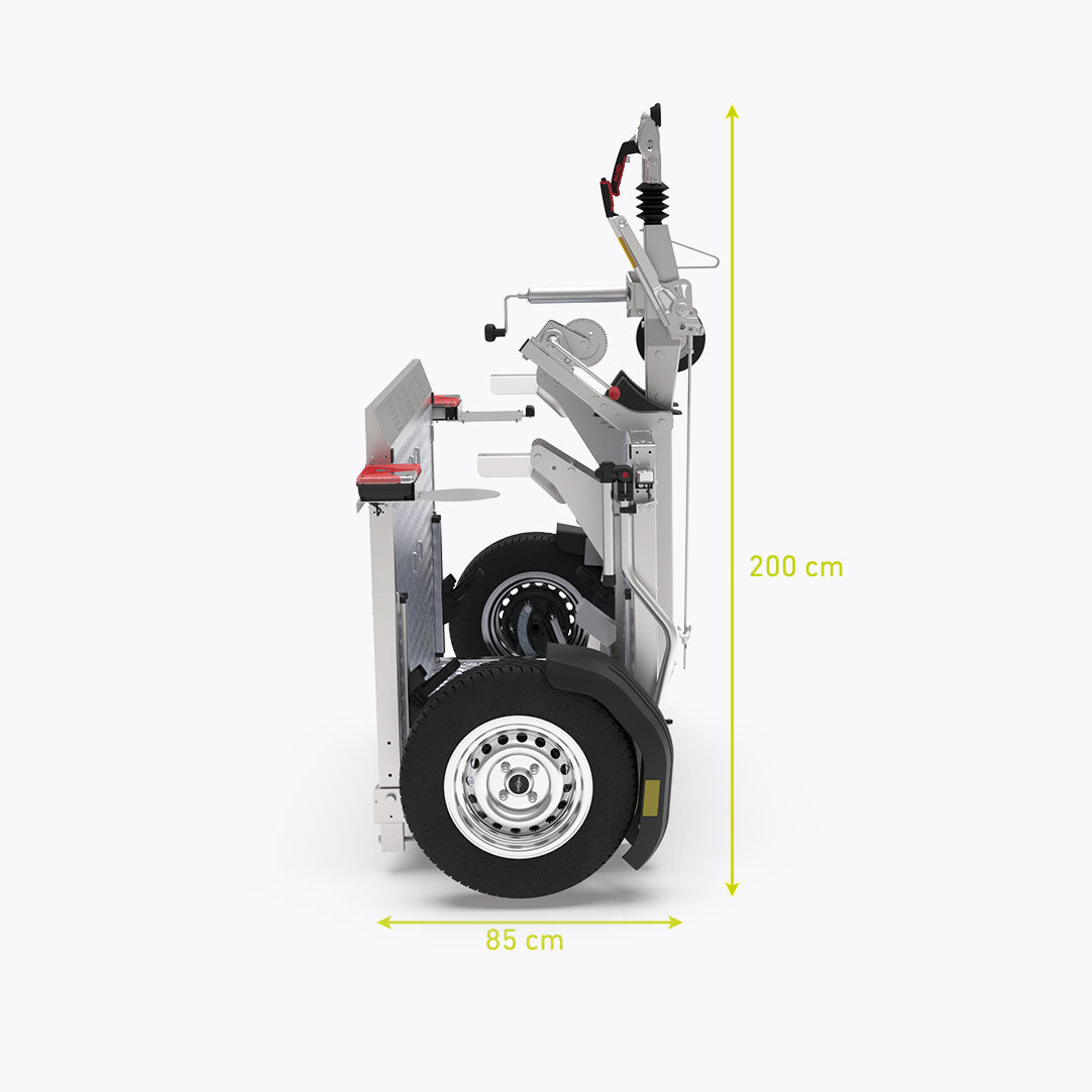 TREILER 1000 zusammengefaltet mit Bemaßungslinien für die Hohe von 200 cm und die Breite von 85 cm.